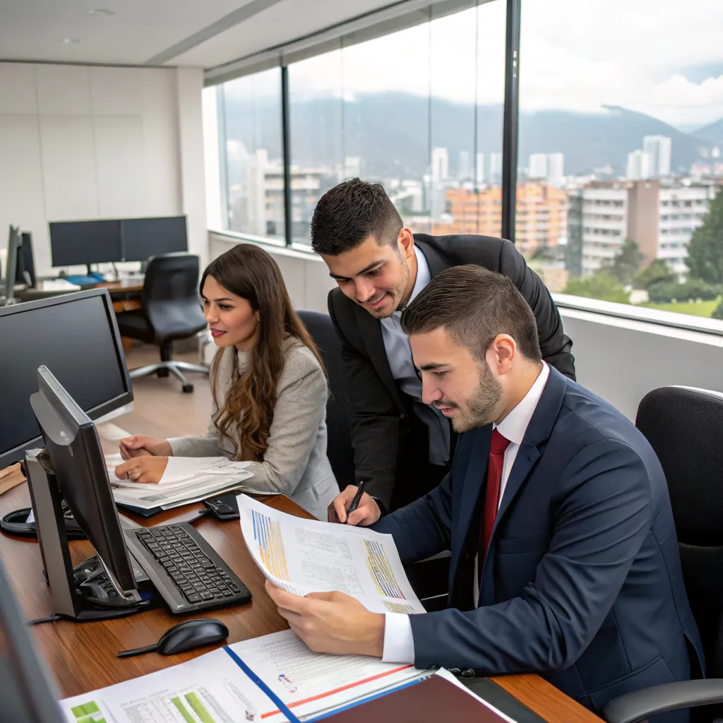 Equipo editorial de premnixspintryco trabajando en la oficina de Bogotá revisando datos de operadores licenciados