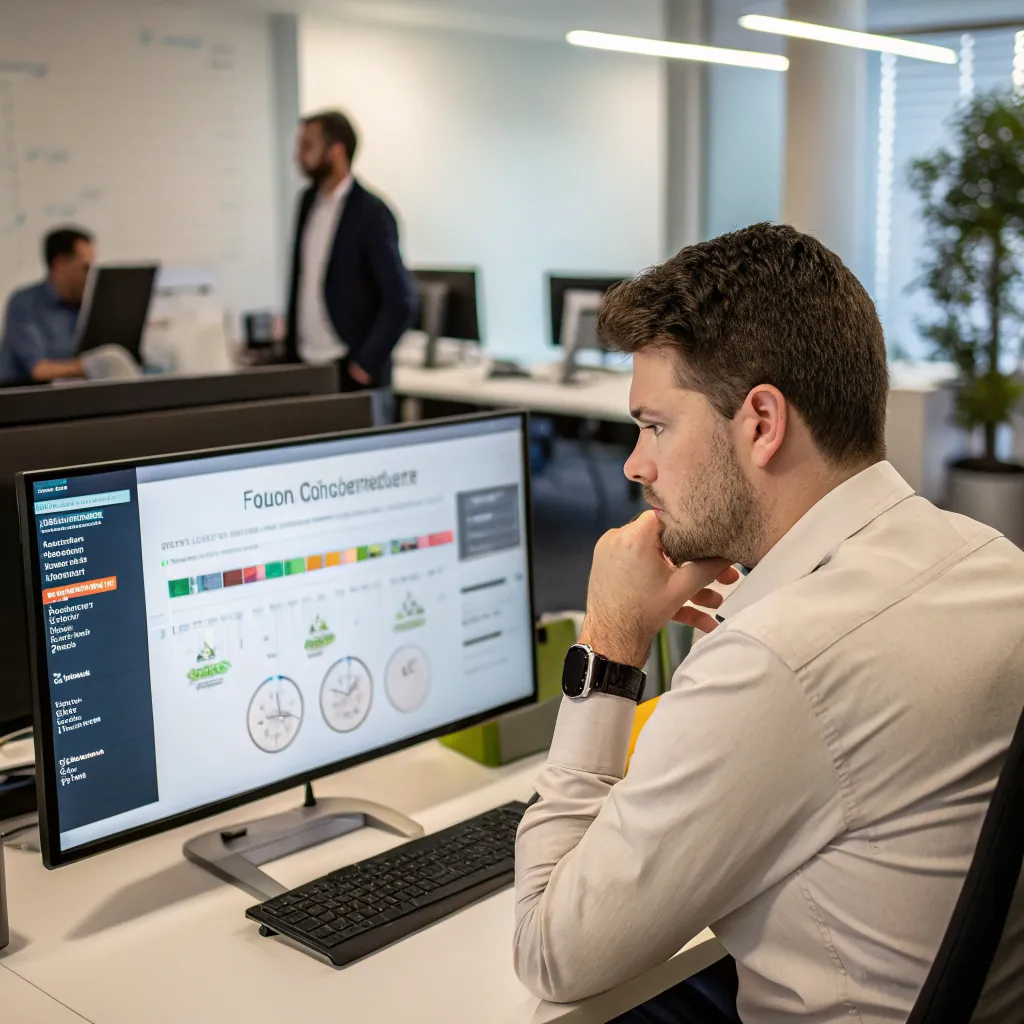 Persona reflexionando frente a una pantalla de computador con gráficos de control de tiempo y presupuesto de juego