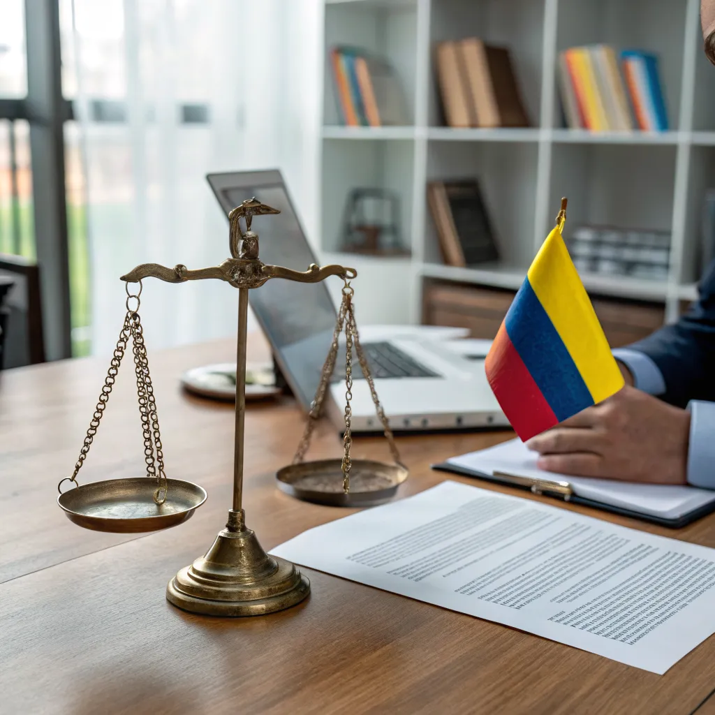 Documento legal con balanza de justicia y bandera de Colombia representando los términos de uso de premnixspintryco